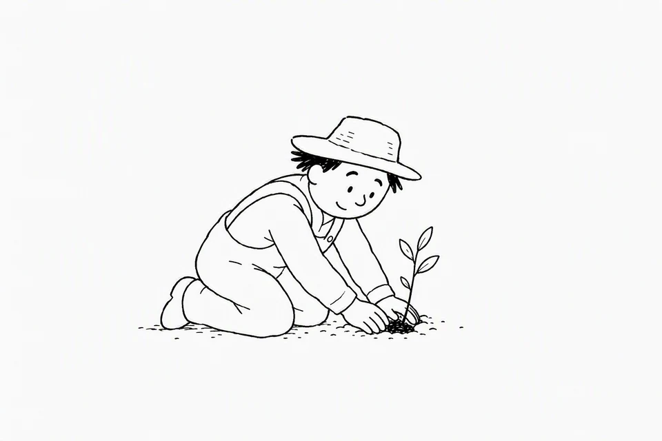 Bible illustration for Ecclesiastes 3:1–2. A gardener plants a sapling and firms the soil around it.