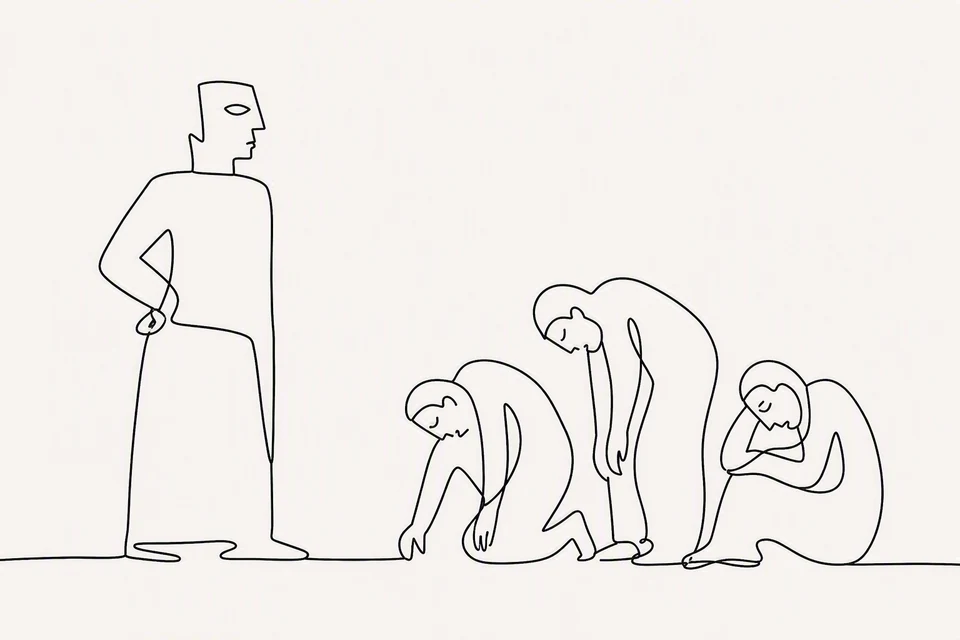 Bible illustration for Exodus 3:7–8. A powerful person stands over discouraged or submissive people.