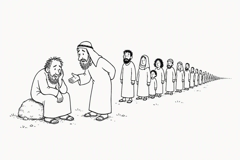 Bible illustration for Exodus 18:17–18. An overwhelmed person is dealing with a long line of people seeking his attention.