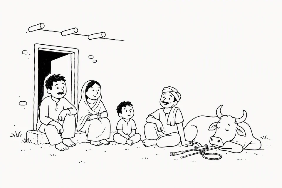 Bible illustration for Exodus 20:8–11. A rural household and its animal rest from work.