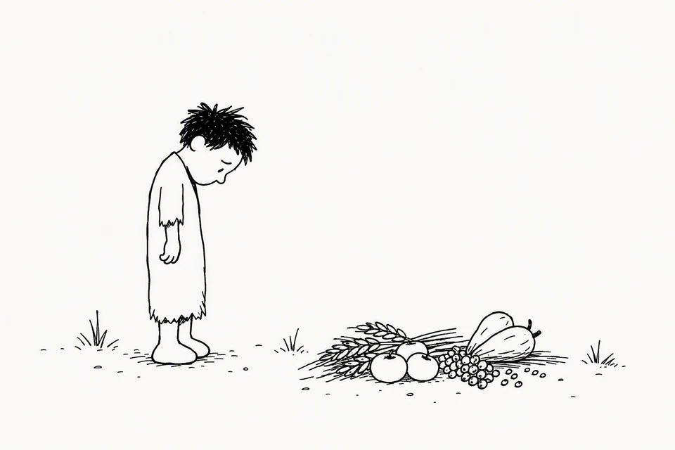 Bible illustration for Genesis 4:6–7. Someone appears downcast while looking at a harvest or offering laid on the ground.