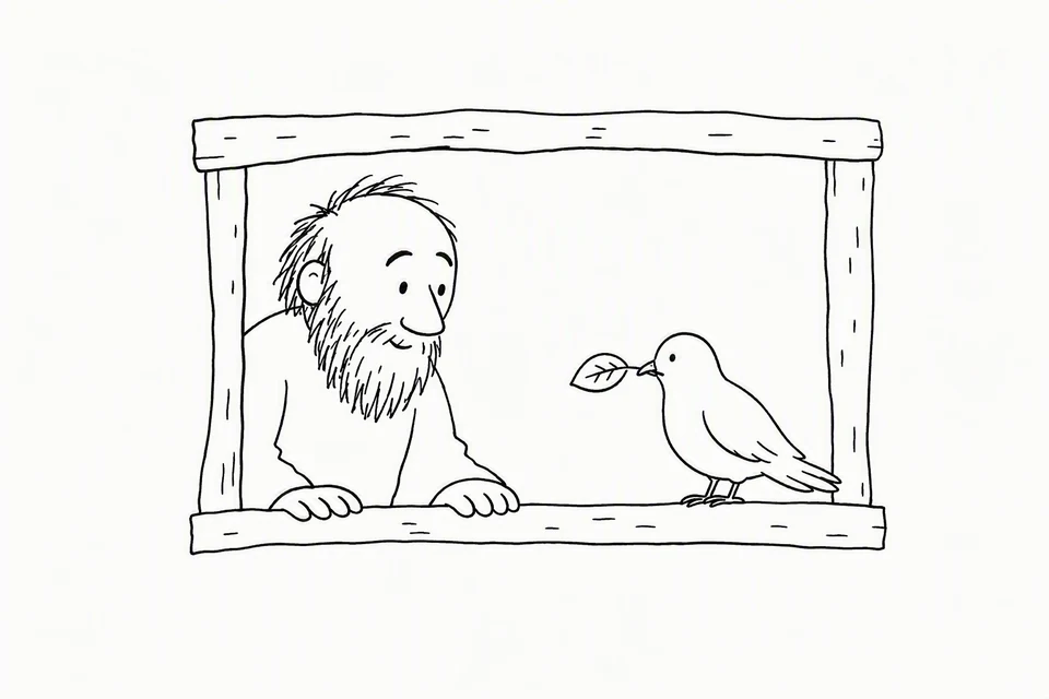 Bible illustration for Genesis 8:10–12. A man welcomes a bird that has brought back a leaf.