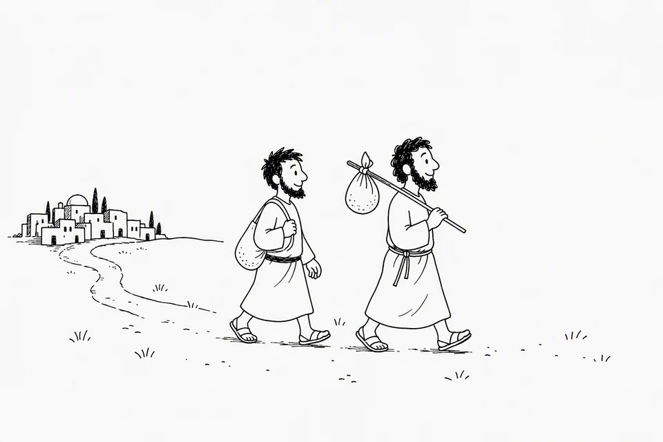 Bible illustration for Genesis 12:1–4. Two companions set out on a journey from a town.