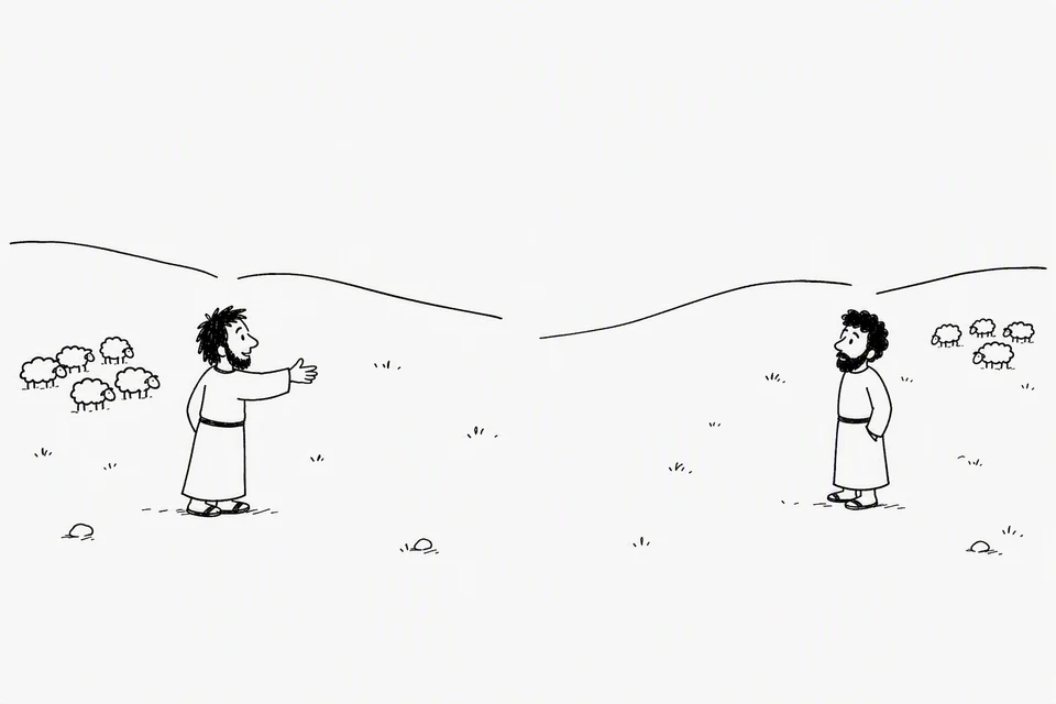 Bible illustration for Genesis 13:8–9. Two shepherds discuss or negotiate across the land between their separate flocks.
