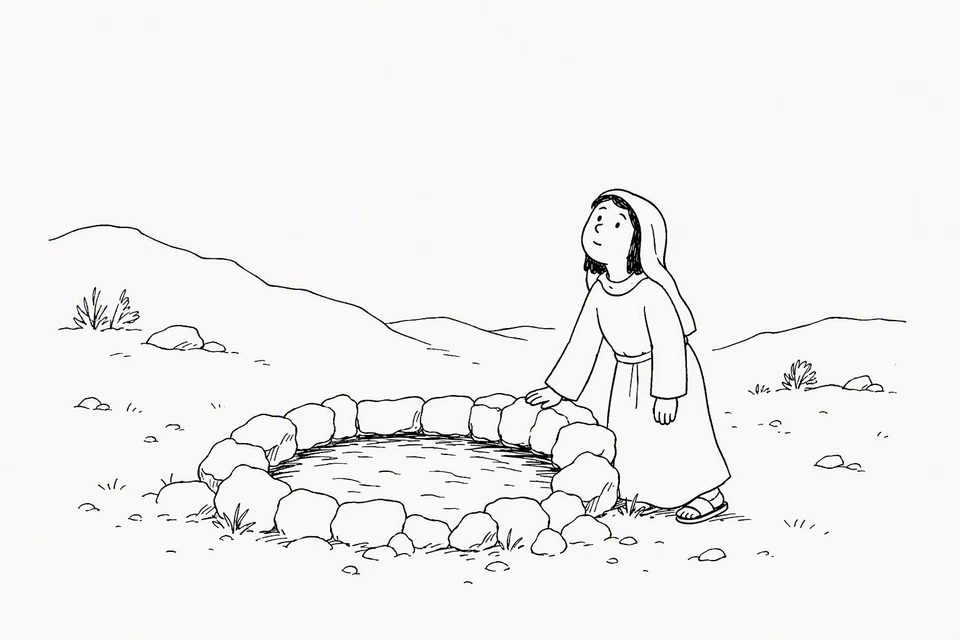 Bible illustration for Genesis 16:13–14. Someone pauses with relief or wonder after reaching water in an arid place.