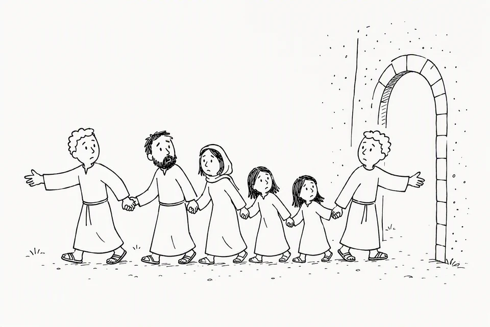 Bible illustration for Genesis 19:16. Two guides help a worried family leave through or move away from a gate.