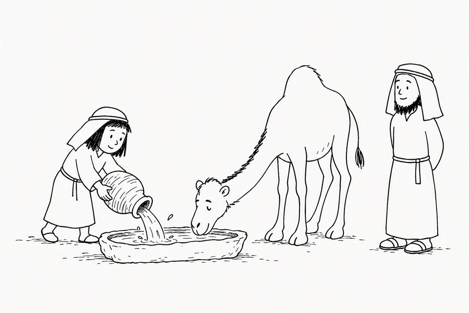Bible illustration for Genesis 24:17–20. Someone provides water for a traveler's camel.
