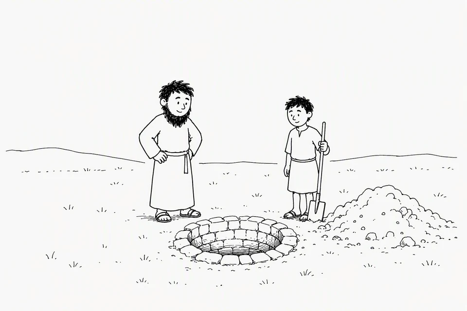 Bible illustration for Genesis 26:20–22. Two people survey a freshly dug or reopened well.