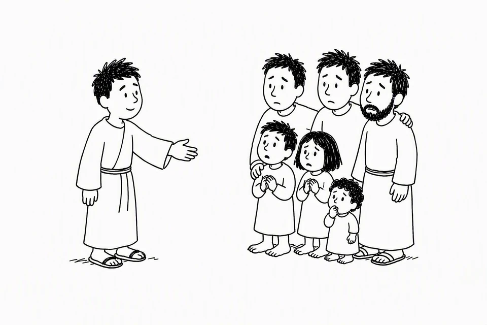 Bible illustration for Genesis 50:19–21. A man gently reassures frightened adults and children.