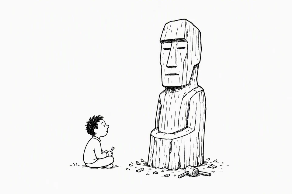 Bible illustration for Habakkuk 2:18–20. A woodcarver pauses to inspect a large statue they are making.