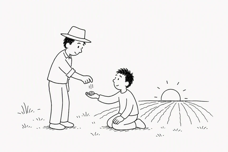 Bible illustration for Leviticus 19:13. A farm worker receives payment near the end of a workday.