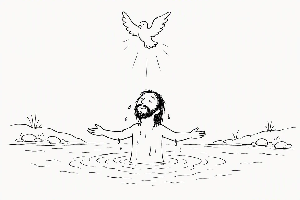 Bible illustration for Mark 1:10–11. A man experiences a peaceful or blessed moment while emerging from water.