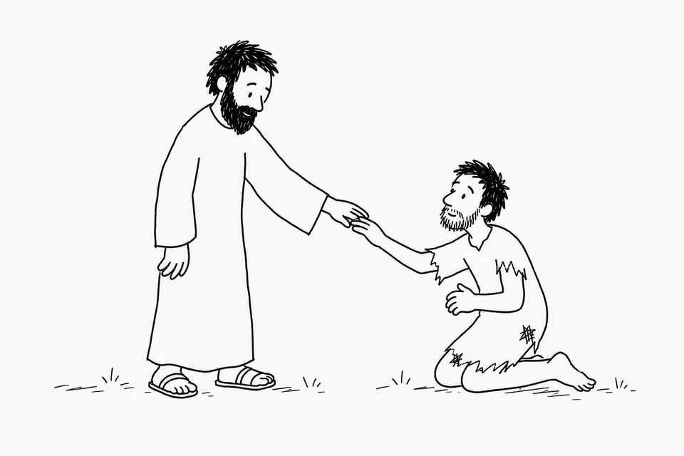 Bible illustration for Mark 1:40–42. A compassionate man, likely Jesus, helps or welcomes a poor or suffering man.