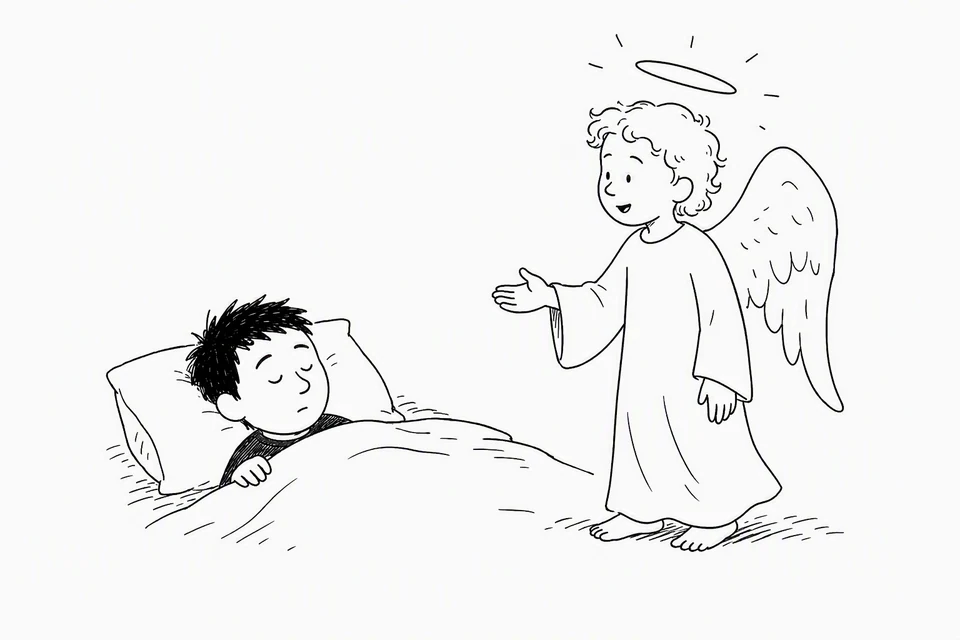 Bible illustration for Matthew 1:20–21. A sleeping person receives an angelic visit or dream message.