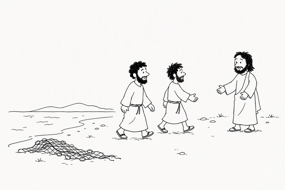 Bible illustration for Matthew 4:18–20. Two fishermen leave their net to join someone calling them.