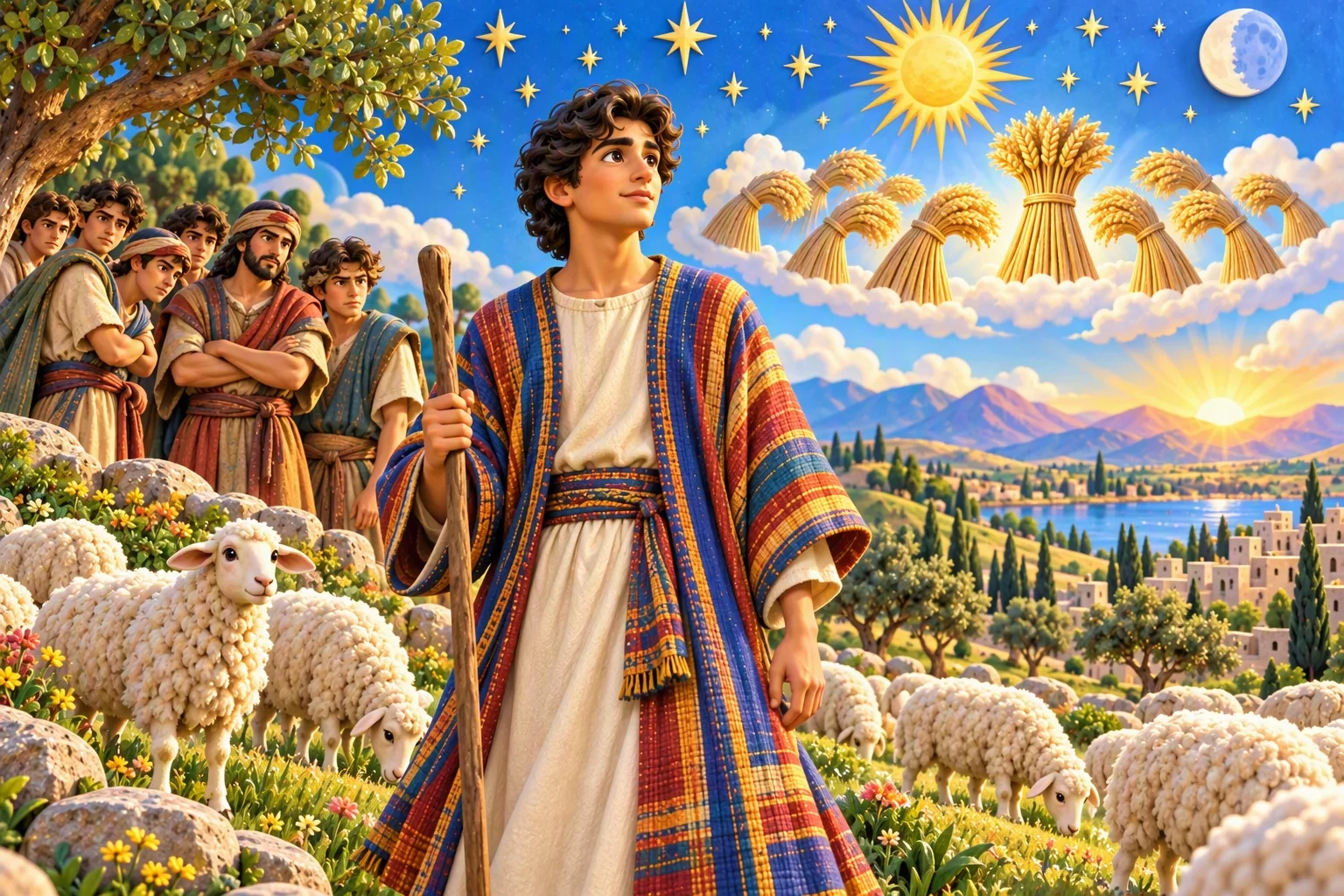 Young Joseph in a richly woven robe stands beneath a broad starry sky above Canaan’s hills.