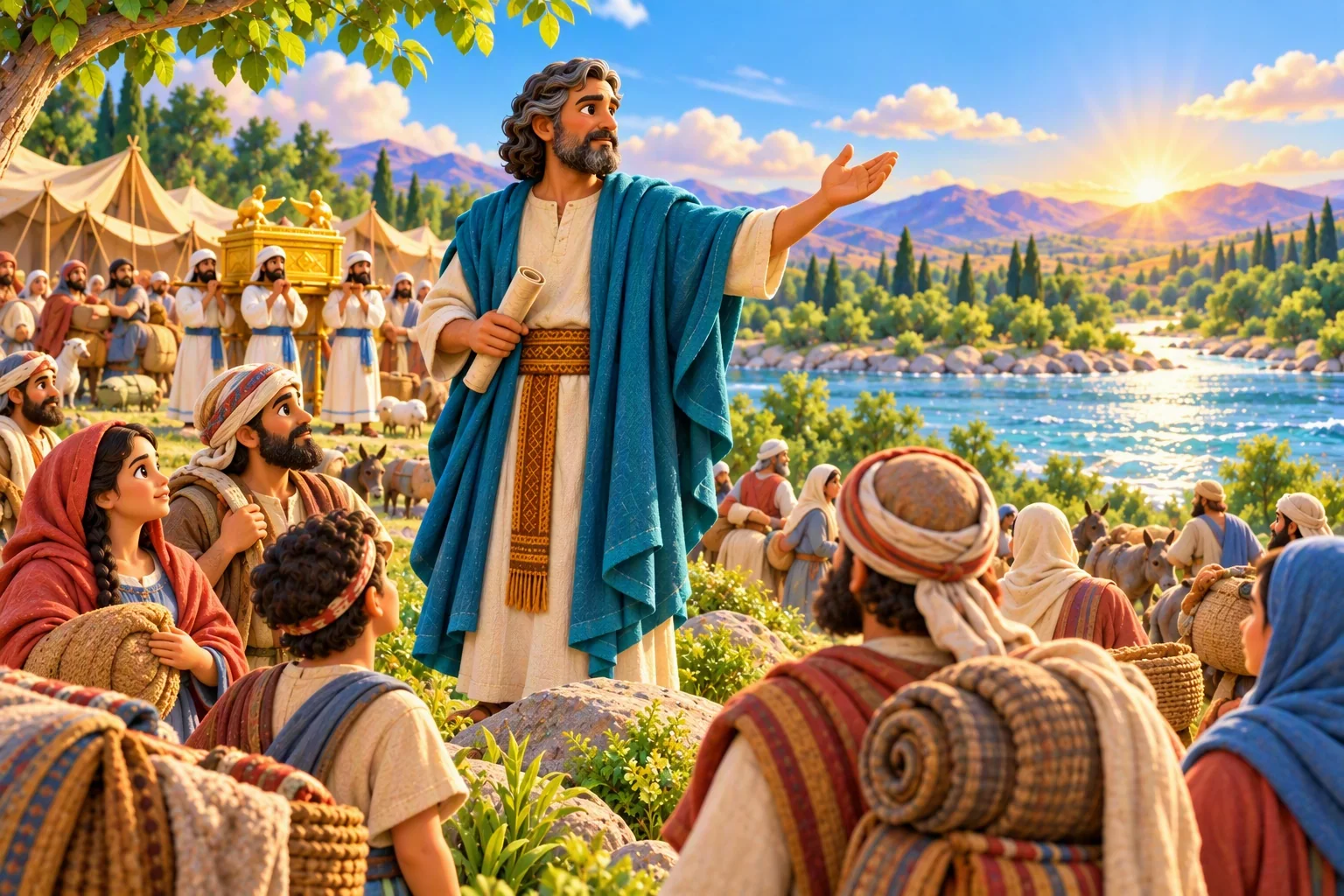 Joshua stands beside the Jordan at dawn, holding a rolled scroll as families prepare in the camp behind him.