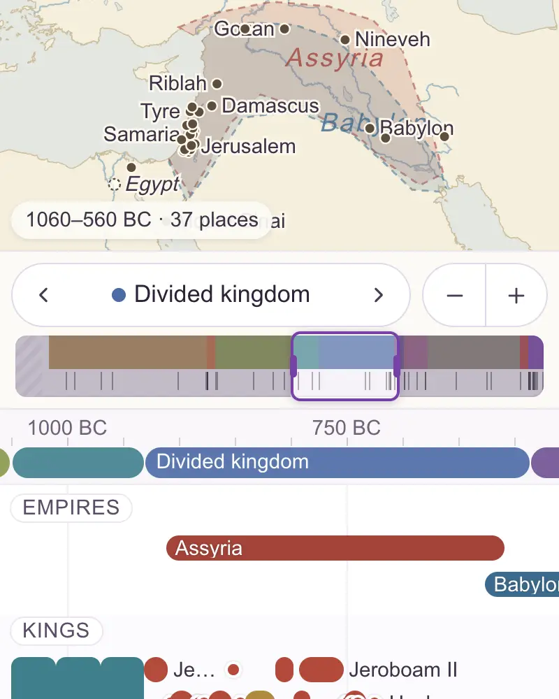 手机上的圣经时间地图:上方是近东地图,下方是君王、先知和事件的时间轴