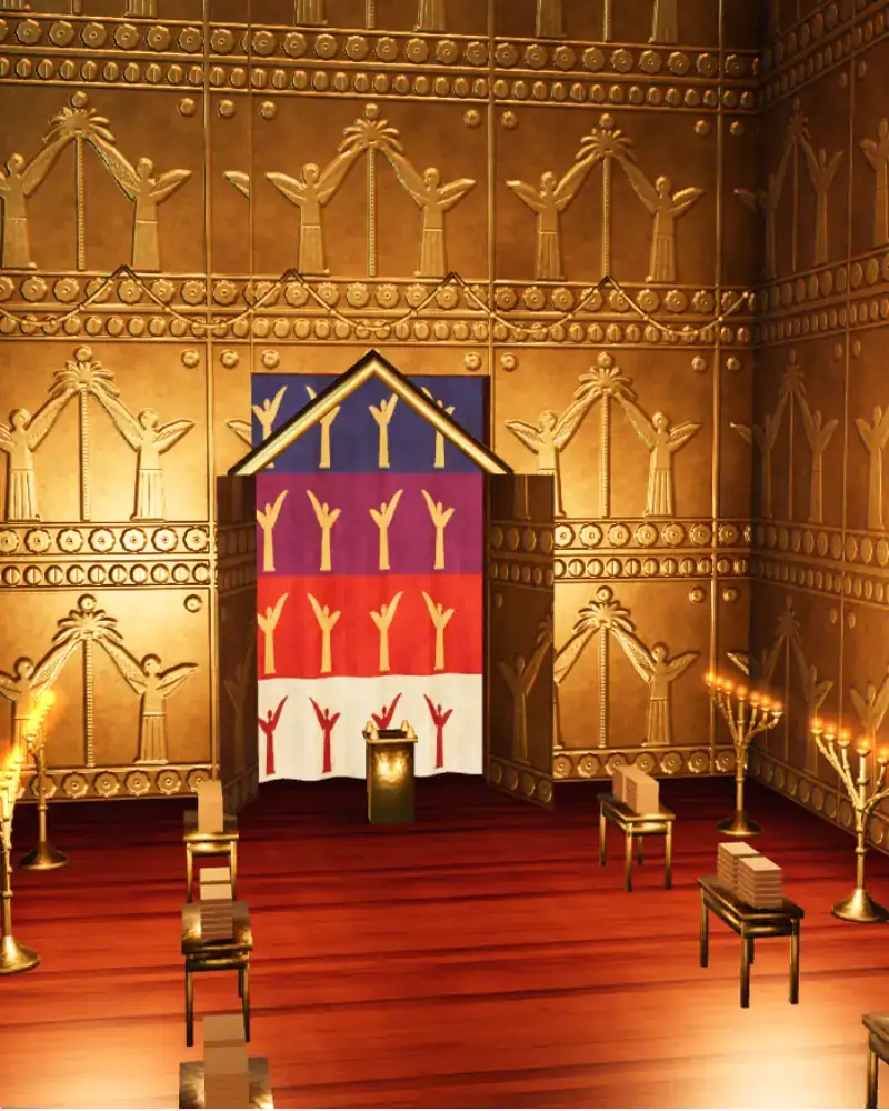 所罗门圣殿贴金的圣所,望向内殿的幔子